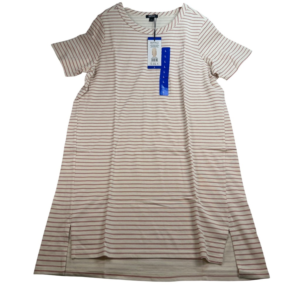 Buffalo David Bitton Womens Striped T-Shirt Dress Cream Pink Size L New